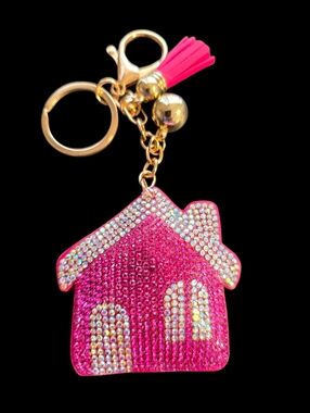 Sparkling Pink House Bag Charm Keychain with Tassel